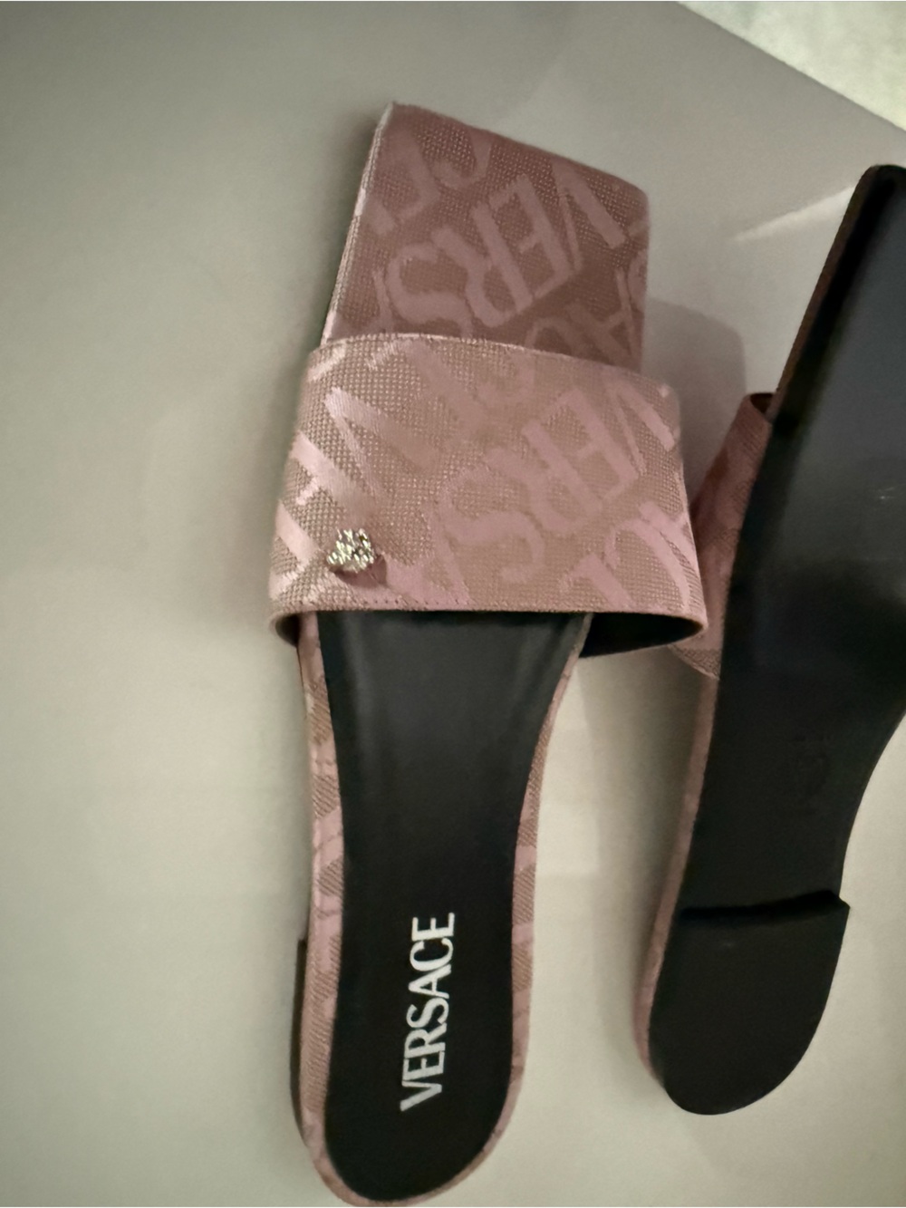 Versace Pink Logo Jacquard Slide with Crystal Heart Accent